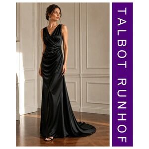Talbot Runhof Black Kombo Satin Duchesse Ruched Evening Gown Dress Size 16 NWT